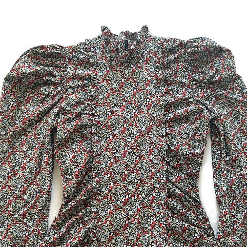 Ganni Red Black White Ditsy Floral Long Sleeve Dress